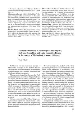 Fortified Settlements in the Valleys of Provadiyska, Golyama Kamchiya, and Luda Kamchiya Rivers in the Context of Chalcolithic Economy (Abstract)