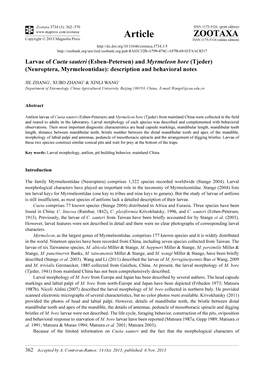 Larvae of Cueta Sauteri (Esben-Petersen) and Myrmeleon Bore (Tjeder) (Neuroptera, Myrmeleontidae): Description and Behavioral Notes