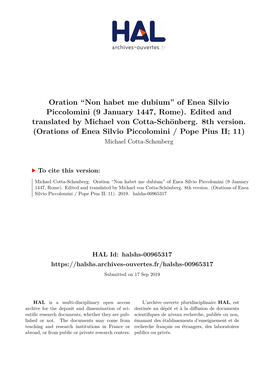 Oration “Non Habet Me Dubium” of Enea Silvio Piccolomini (9 January 1447, Rome)