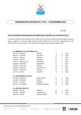 Comunicato Ufficiale N. 141/L – 23 Dicembre 2016