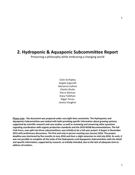 2. Hydroponic & Aquaponic Subcommittee Report