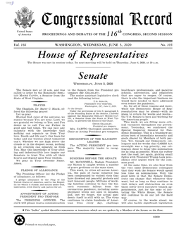 Congressional Record United States Th of America PROCEEDINGS and DEBATES of the 116 CONGRESS, SECOND SESSION