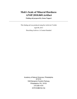 Moh's Scale of Mineral Hardness ANSP.2010.069.Artifact Finding Aid Prepared by Jenna Toppert