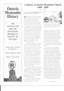 A History of Zurich Mennonite Church 1908 - 2008 Ontario Bt Luck Sthwlt Excerpted Liom Zunc H Mewnnite Church: Mennonite Celebrating 100 Years - 1908-2008