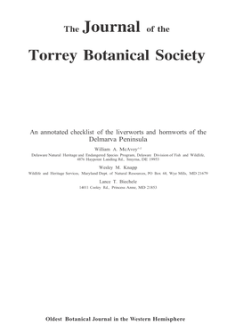 An Annotated Checklist of the Liverworts and Hornworts of the Delmarva Peninsula, 2011