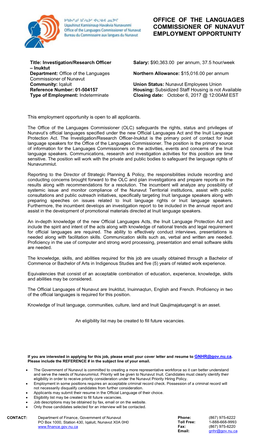 Office of the Languages Commissioner of Nunavut Employment Opportunity