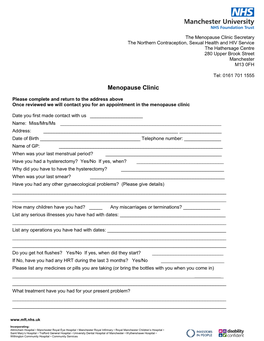 Menopause Clinic Secretary the Northern Contraception, Sexual Health and HIV Service the Hathersage Centre 280 Upper Brook Street Manchester M13 0FH