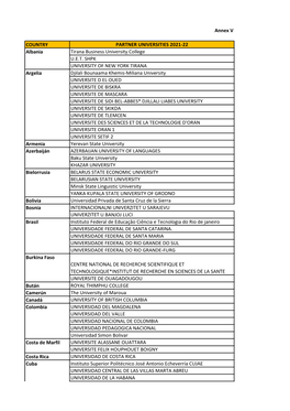 Annex V COUNTRY PARTNER UNIVERSITIES 2021-22 Tirana