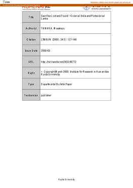 Colonial India and Postcolonial Lanka Author(S) TANAKA, Masakazu Citation ZINBUN
