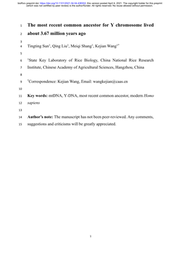 The Most Recent Common Ancestor for Y Chromosome Lived About 3.67 Million Years