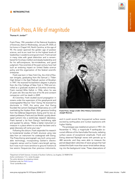 Frank Press, a Life of Magnitude RETROSPECTIVE Thomas H