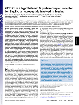 GPR171 Is a Hypothalamic G Protein-Coupled Receptor for Biglen, a Neuropeptide Involved in Feeding