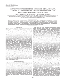 Harpactocarcinus from the Eocene of Istria, Croatia, and the Paleoecology of the Zanthopsidae Via, 1959 (Crustacea: Decapoda: Brachyura)