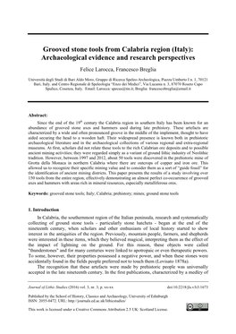 Grooved Stone Tools from Calabria Region (Italy): Archaeological Evidence and Research Perspectives Felice Larocca, Francesco Breglia