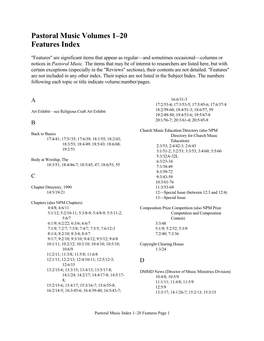 Pastoral Music Volumes 1–20 Features Index