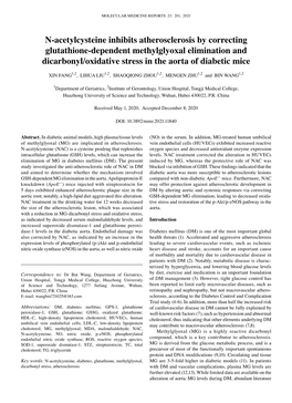 N‑Acetylcysteine Inhibits Atherosclerosis by Correcting Glutathione‑Dependent Methylglyoxal Elimination and Dicarbonyl/Oxidative Stress in the Aorta of Diabetic Mice