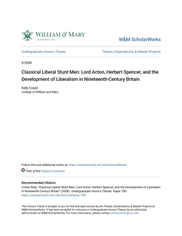 Classical Liberal Stunt Men: Lord Acton, Herbert Spencer, and the Development of Liberalism in Nineteenth-Century Britain