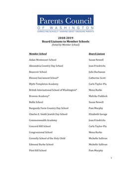 2018-2019 Board Liaisons to Member Schools (Listed by Member School)