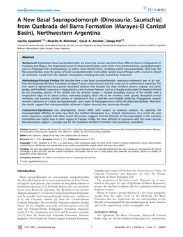 A New Basal Sauropodomorph (Dinosauria: Saurischia) from Quebrada Del Barro Formation (Marayes-El Carrizal Basin), Northwestern Argentina