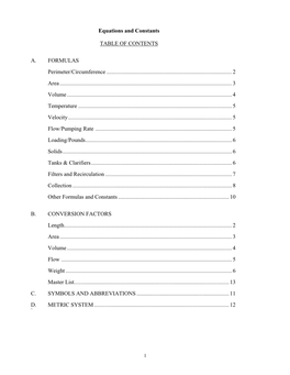 Equations and Constants TABLE of CONTENTS A. FORMULAS