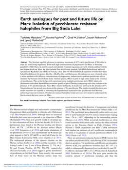 Earth Analogues for Past and Future Life on Mars: Isolation of Perchlorate Resistant Halophiles from Big Soda Lake