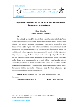 Doğu Roma, Ermeni Ve Süryani Kaynaklarının Sâsânîler Dönemi İran Tarihi Açısından Önemi
