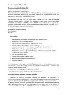 Conseil Municipal Du 20 Février 2017 Nombre De Conseillers En