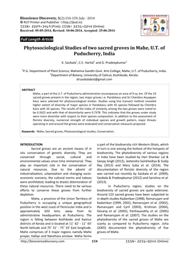 Phytosociological Studies of Two Sacred Groves in Mahe, U.T. of Puducherry, India