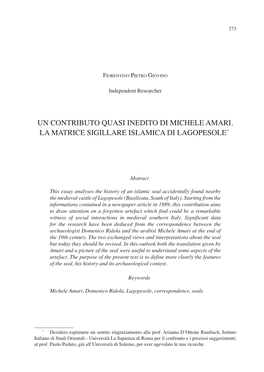 Un Contributo Quasi Inedito Di Michele Amari. La Matrice Sigillare Islamica Di Lagopesole*1