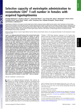 Leptin Administration to PNAS PLUS Reconstitute CD4+ T-Cell Number in Females with Acquired Hypoleptinemia
