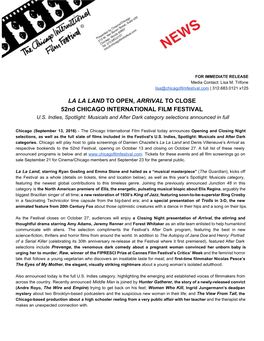 La La Land to Open, Arrival to Close 52Nd Chicago International Film