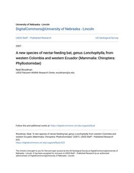 A New Species of Nectar-Feeding Bat, Genus Lonchophylla, from Western Colombia and Western Ecuador (Mammalia: Chiroptera: Phyllostomidae)