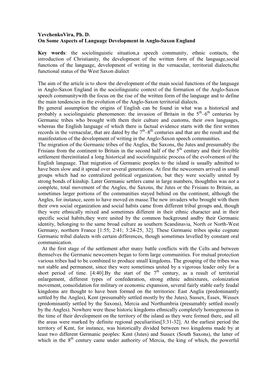 Yevchenkovira, Ph. D. on Some Aspects of Language Development in Anglo-Saxon England Key Words