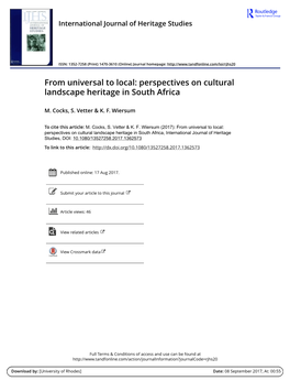 Perspectives on Cultural Landscape Heritage in South Africa