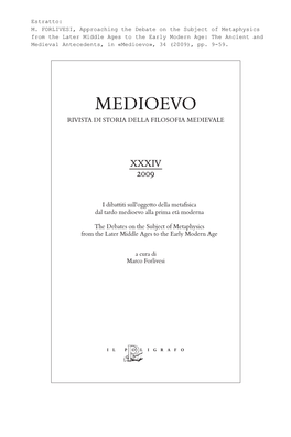 Approaching the Debate on the Subject of Metaphysics from the Later Middle Ages to the Early Modern Age: the Ancient and Medieval Antecedents 9