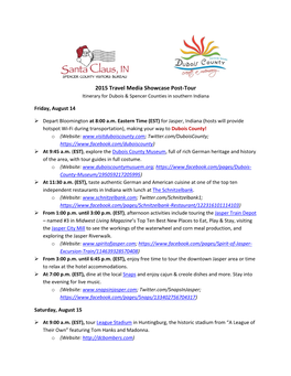 2015 Travel Media Showcase Post-Tour Itinerary for Dubois & Spencer Counties in Southern Indiana