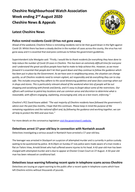 Cheshire Neighbourhood Watch Association Week Ending 2Nd August 2020 Cheshire News & Appeals