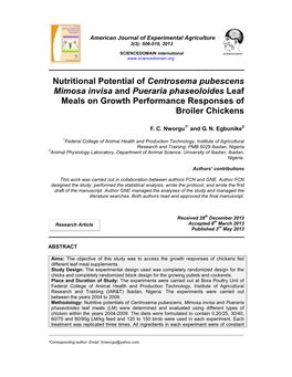 Nutritional Potential of Centrosema Pubescens Mimosa Invisa and Pueraria Phaseoloides Leaf Meals on Growth Performance Responses of Broiler Chickens