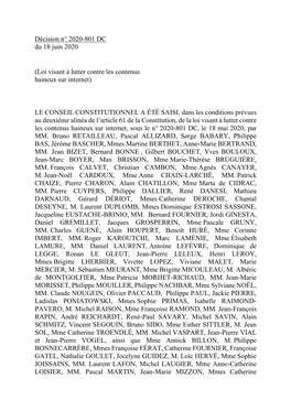 Décision N° 2020-801 DC Du 18 Juin 2020, [Loi Visant À Lutter Contre Les