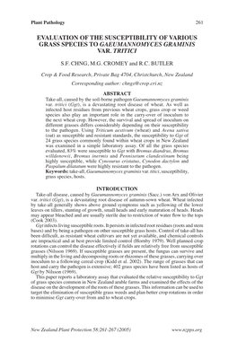 Evaluation of the Susceptibility of Various Grass Species to Gaeumannomyces Graminis Var