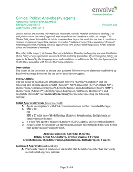 Anti-Obesity Agents Reference Number: ERX.NSMN.06 Effective Date: 06/15 Revision Log Last Review Date: 09/16