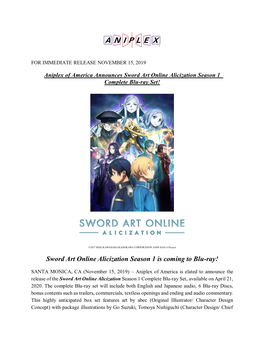 Aniplex of America Announces SAO Alicization Season 1 Complete Blu