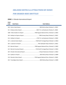 Orlando Hotels & Attractions by Zones for Shared-Ride