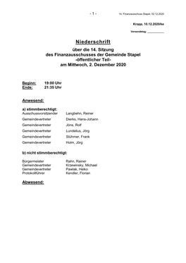Niederschrift Der 14. Sitzung Des Finanzausschusses Am 02.12.2020