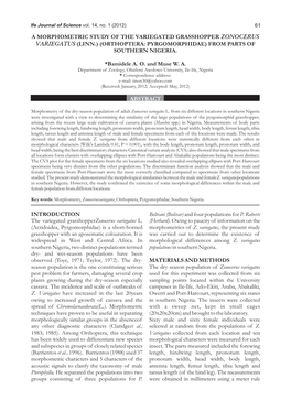 A MORPHOMETRIC STUDY of the VARIEGATED GRASSHOPPER (LINN.) (ORTHOPTERA: PYRGOMORPHIDAE) from PARTS of SOUTHERN NIGERIA. *Bamidel