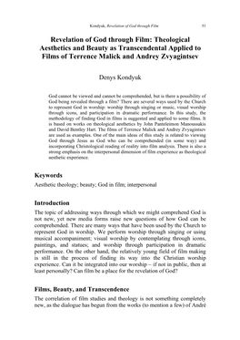 Revelation of God Through Film: Theological Aesthetics and Beauty As Transcendental Applied to Films of Terrence Malick and Andrey Zvyagintsev