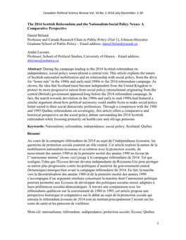 1 the 2014 Scottish Referendum and the Nationalism-Social Policy Nexus: a Comparative Perspective Daniel Béland Professor and C