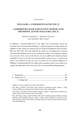 WILLIAMS V COMMONWEALTH [NO 2]* COMMONWEALTH EXECUTIVE POWER and SPENDING AFTER WILLIAMS [NO 2]