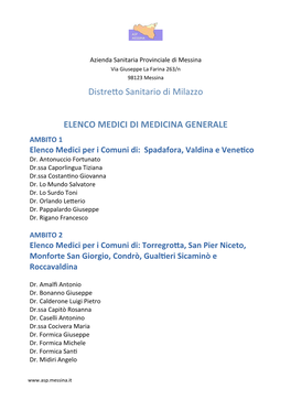 Distretto Sanitario Di Milazzo ELENCO MEDICI DI MEDICINA GENERALE