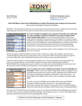 New Poll Shows Tony Evers with Massive Lead in the Democratic Primary for Governor Seen As Best Candidate to Beat Scott Walker